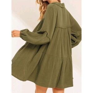 100% Cotton Relaxed Boho Tiered Gauze Babydoll Dress Size Small Olive Green